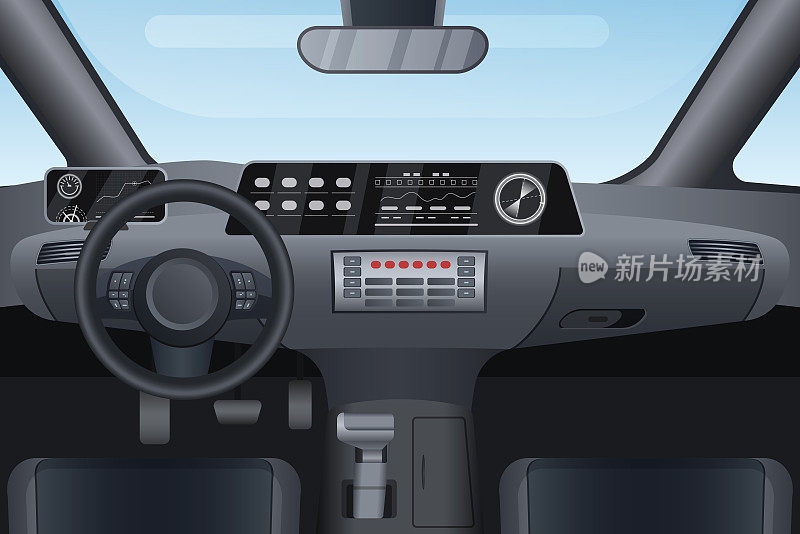 Car auto salon interior vector illustration, cartoon flat details of front automobile dashboard black panel, window windshield, rudder steering wheel background